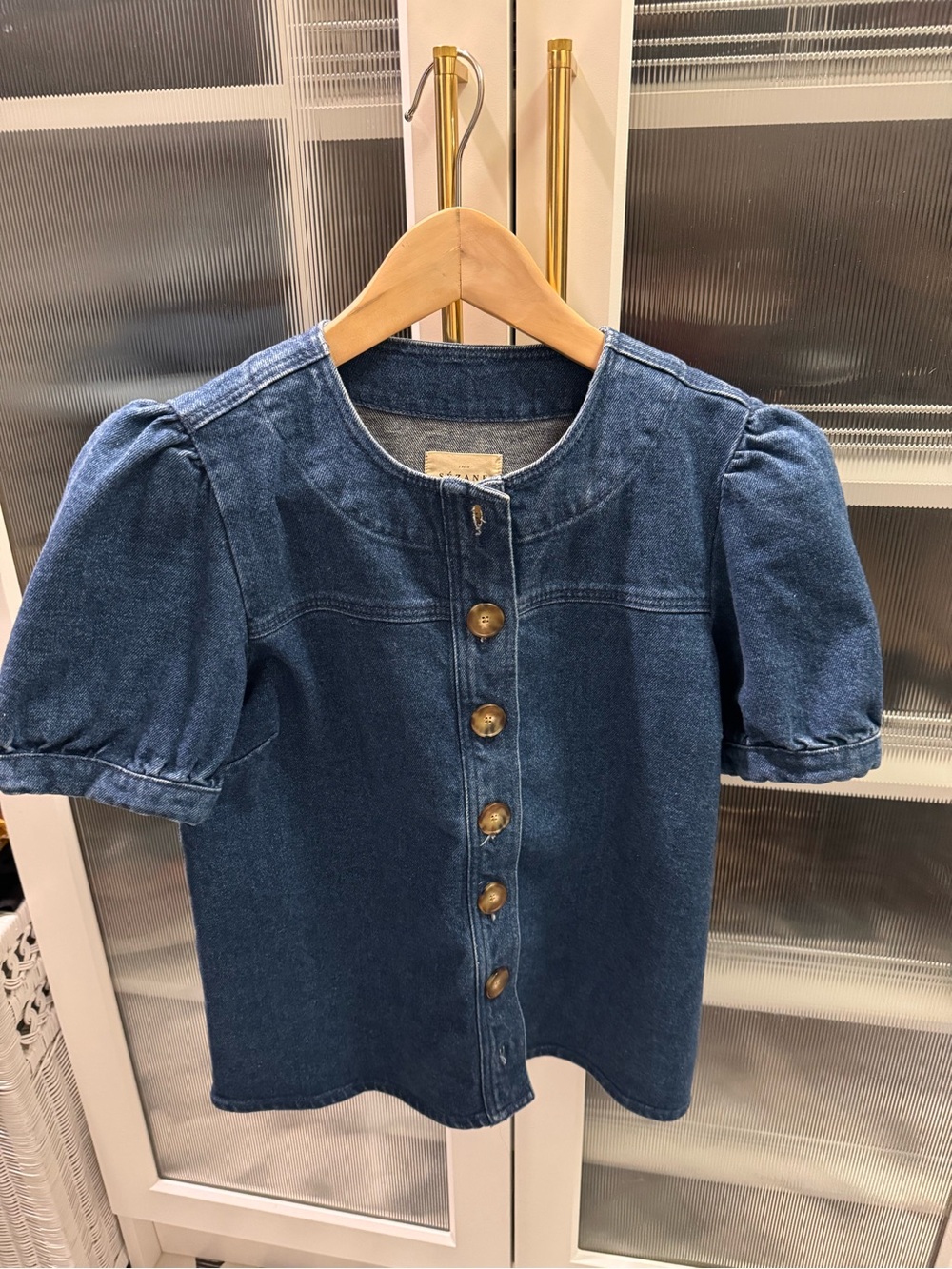 Sezane Denim Button-Front Puff Sleeve Top - Denim